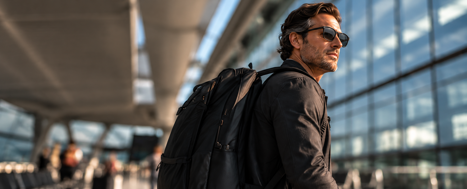Man travelling through a modern airport