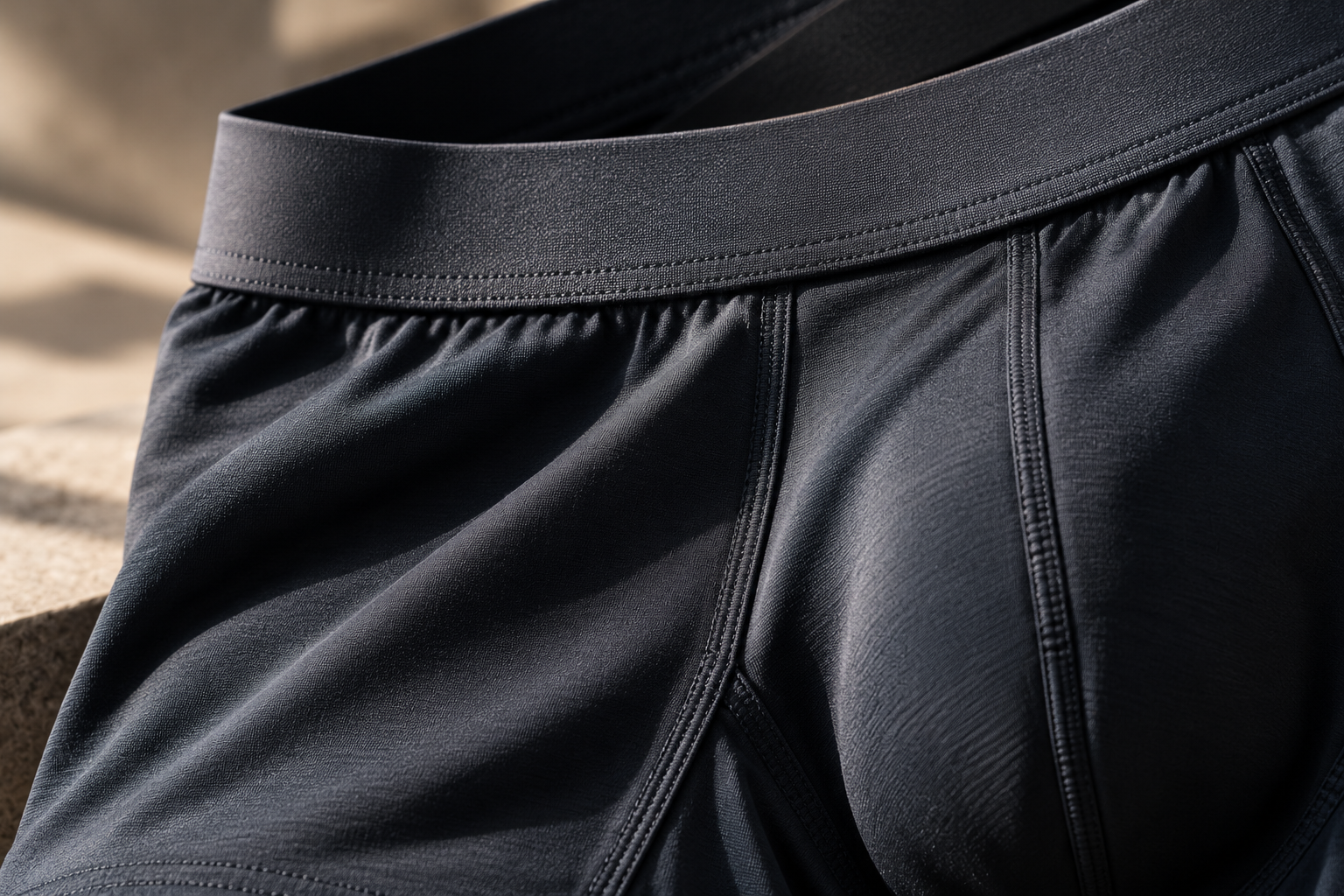 Close-up detail of dark men's boxer briefs fabric and stitching
